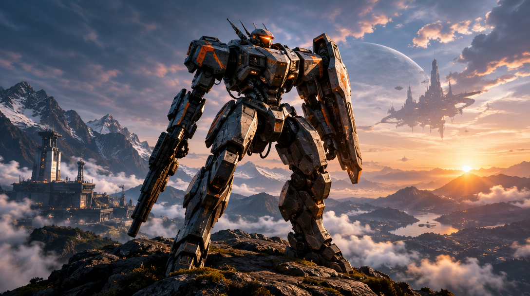 MECH//ID concept art: an armored mech above a settlement at sunset